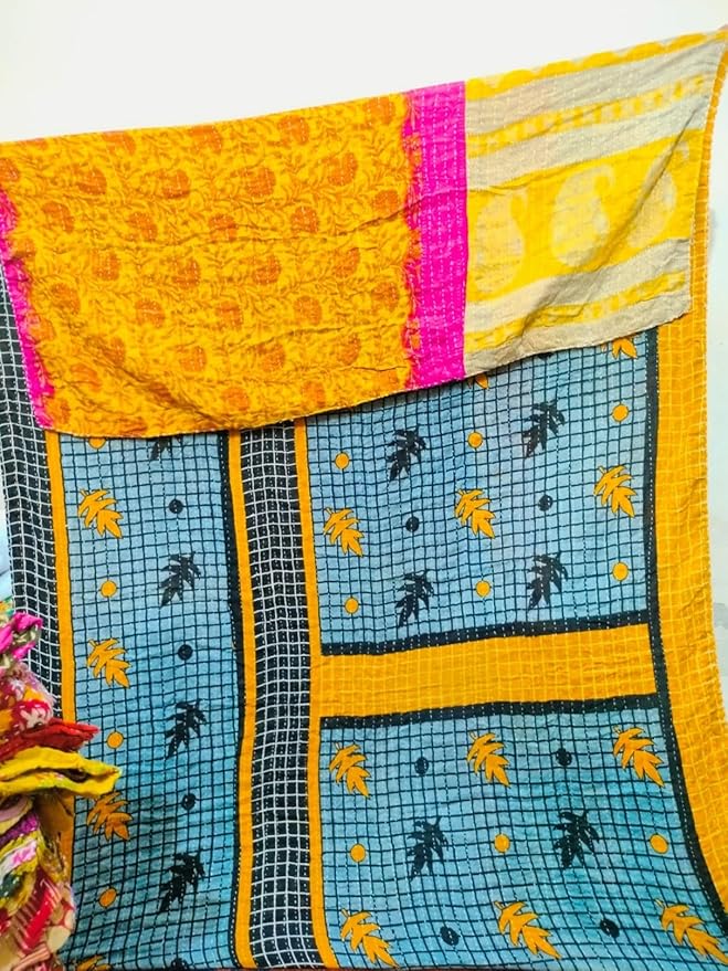 Shri Radhey Empire Indian Vintage Kantha Quilt Handmade Throw Reversible Blanket Bedding Cotton Fabric Bohemian Assorted Quilt 85X55 Inch 1 Pcs Lot