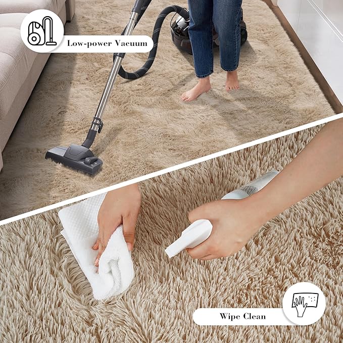 Fluffy Rug Shaggy Area Rug, Beige 8x10 Area Rugs for Living Room, Large Shag Area Rugs for Bedroom Kids Room Home Decor, Upgrade Anti-Skid Rectangular Fuzzy Rugs