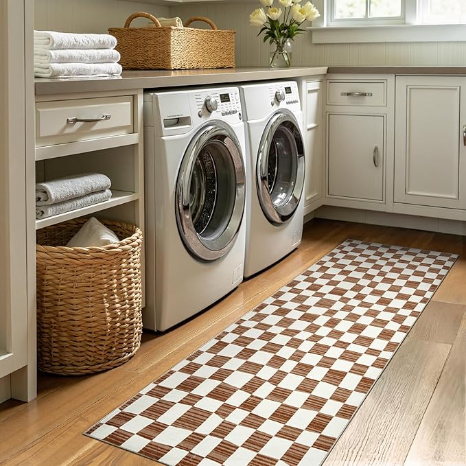 jinchan Runner Rug 2x5 Hallway Washable Modern Checkered Geometric Lattice Kids Bedroom Rug Indoor Floor Cover Non Slip Soft Carpet for Nursery Room Kitchen Laundry Room Home Brown