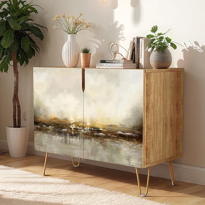 SIGNWIN Sideboard Buffet Cabinet, Kitchen Storage Cabinet with 2 Doors, Brown & Gray Grunge Paint, Cupboard Console Table for Dining Room - 35" L x 18" W x 29" H