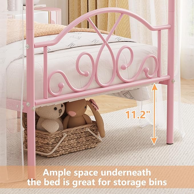 Weehom Princess Canopy Bed Frame with 4 Posters, Sturdy Metal Platform Mattress Foundation with Headboard&Footboard No Box Spring Needed Twin Size Bed for Kids Girls Adults Pink