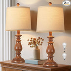 QiMH Farmhouse Table Lamp Set of 2, Rustic Table Lamps for Living Room, Vintage Nightstand Lamp with Rotary Switch, Beside Lamps for Bedroom, Traditional Table Lamps with Linen Shade, Wood Grain