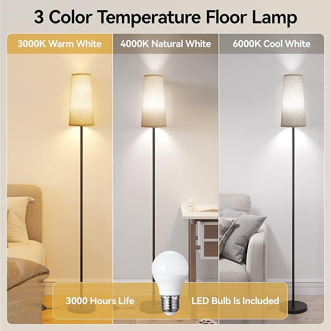 SUNMORY Floor Lamps for Living Room/Bedroom/Office, Standing Lamp with LED Bulb, 3 Color Temperature Tall Lamp, Suitable for Modern/Boho/Farmhouse and Other Home Decor Styles