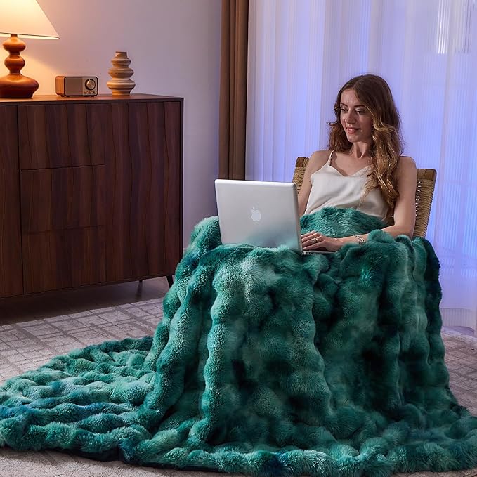 Lotus Karen Faux Fur Throw Blanket Tie-Dye Green - Big Bubble Rabbit Fluff Blanket for Couch, Large Fluffy Fuzzy Cozy Blanket,Thick Furry Plush Shaggy Blankets,90x90 Inches