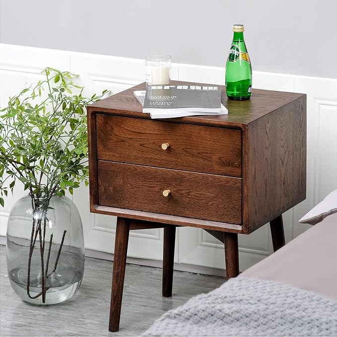 Night Stand, Midcentury Modern Solid Wood Nightstand with Drawer, Durable Sturdy Tall Bedside Tables with High Stool Leg, 17.72 W x 13.78 D x 23.63 H Inches (Walnut)