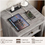 Farmhouse Side Table with Charging Station, Rustic Wood End Table with Drawer, Small Nightstand with Open Shelf for Bedroom, End Tables for Living Room, Grey
