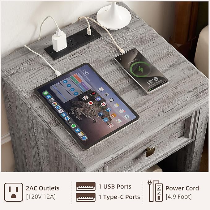 Farmhouse Side Table with Charging Station, Rustic Wood End Table with Drawer, Small Nightstand with Open Shelf for Bedroom, End Tables for Living Room, Grey