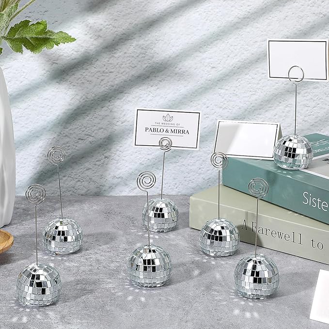 60 Pcs Disco Ball Table Number Holder, Place Card Holders, Tables Cards Photo Picture Display Numbers Stand Clips, for Wedding Birthday Disco Halloween Party Decorations