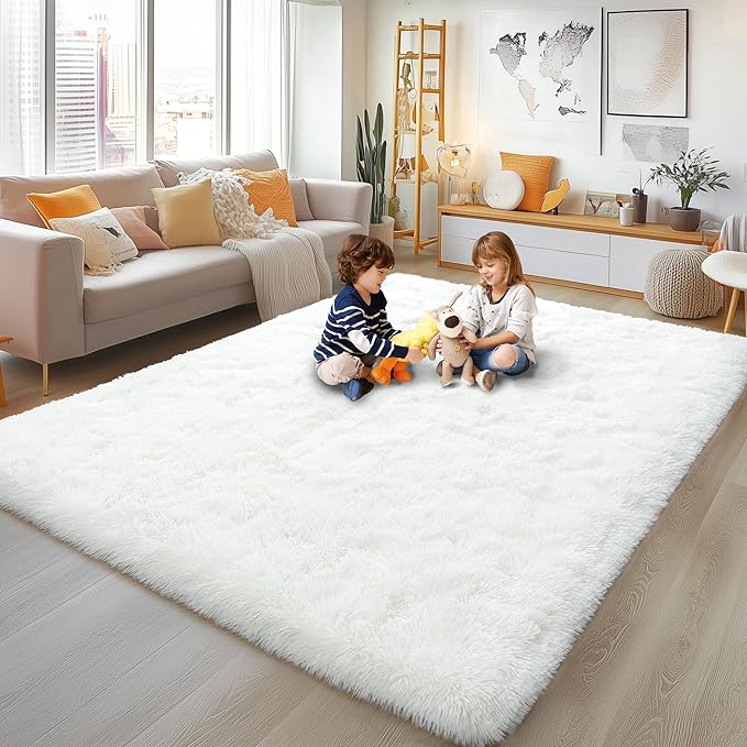9x12 Large Area Rugs for Living Room, Ultra Fluffy Plush Rug for Living Room Bedroom, Thick Fluffy Carpet for Girls Boys Kids Room, Non Slip Dorm Rug for Home Decor Aesthetic, Cream White