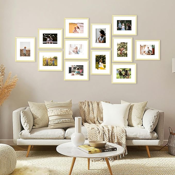 12 Packs 8x10 Picture Frames, Display 5x7 with Mat or 8x10 Without Mat, Gallery Wall Frame Set, 8 by 10 Frames Bulk Set of 12 Collage Wall Decor Photo Frames Set for Wall and Tabletop, Gold