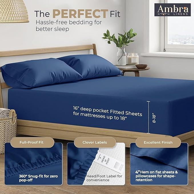 Tencel Sheets 4 Piece Cal King - 100% Eucalyptus Lyocell California King Sheet Sets - Soft, Cooling & Breathable for Hot Sleepers - 16” Deep Pockets Hotel Quality Bedding Set - Navy