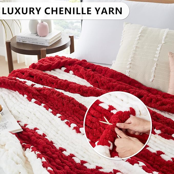 L'AGRATY Chunky Knit Blanket Throw - Soft Chunky Throw Blanket 60x80: 100% Hand Kintted Chenile Crochet Throw Blanket for Couch - Large Cable Knit Chunky Blanket for Home Decor(Red and White)
