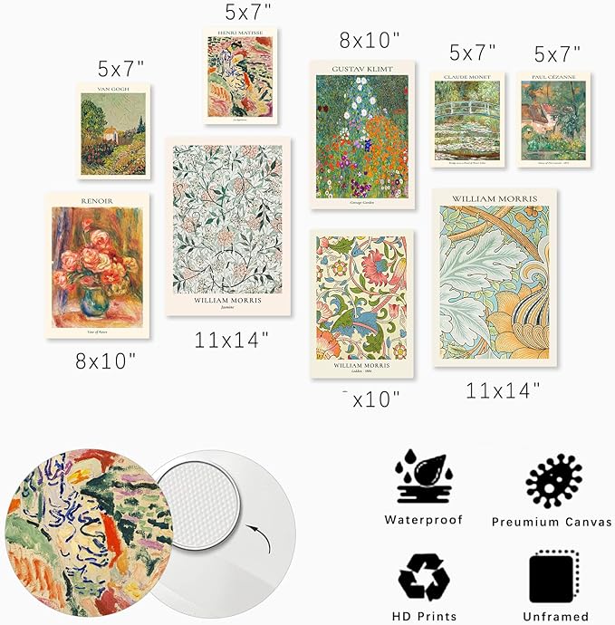 Vintage Eclectic Wall Art Prints Set of 9, Abstract Eclectic Wall Decor Matisse William Morris Van Gogh Monet Maximalist Famous Artist Painting Pictures, Trendy Maximalism Poster for Aesthetic
