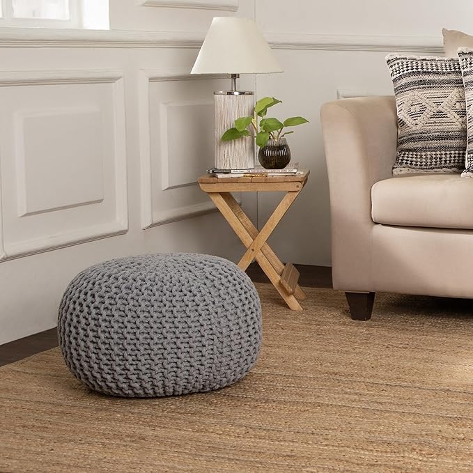 REDEARTH Round Boho Pouf Ottoman - Cable Knitted Cord Boho Pouffe - Stuffed Poof Accent Beanbag Footrest for Living Room - Nursery - Bedroom - Covered Patio - Study Nook (18”x18”x14”) - Gray-S