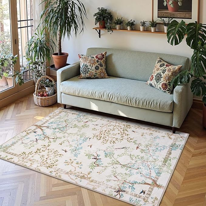 jinchan Botanical Birds 3x5 Ivory Area Rugs for Entryway Washable Non Slip Soft Nature Plants Modern Kids Room Carpet Vintage Ultra Thin Low Pile Rug for Living Room Kitchen Bathroom Front Door
