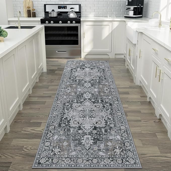 GENIMO 2x6 Runner Rugs for Hallway, Machine Washable Non Slip Vintage Rugs, Low Pile Lightweight Soft Print Rug for enrtyway, Corridor, Home Office, Kitchen,Dark Gray