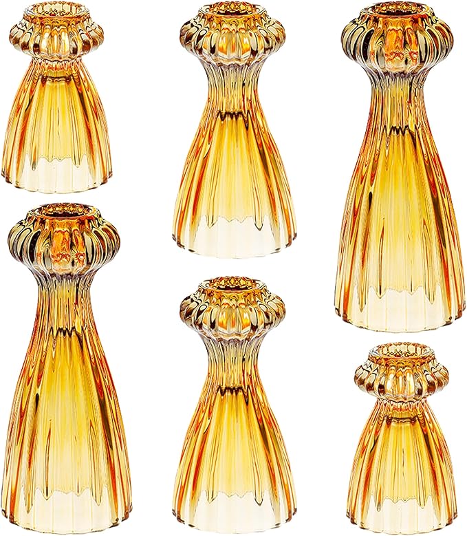 Lysenn Glass Candle Stick Holder Set of 6 – Premium Taper Candle Holders for Romantic Ambiance - Candle Sticks Holder Decor for Special Occasions - Amber
