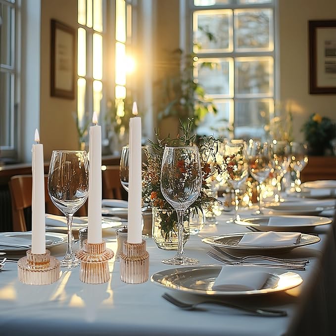 Double Sided Vintage Ribbed Taper Glass Candle Holders,Tea Candle Holder for Table Centerpieces, Wedding Decorations and Dinner Parties (Gold, 3 PCS)