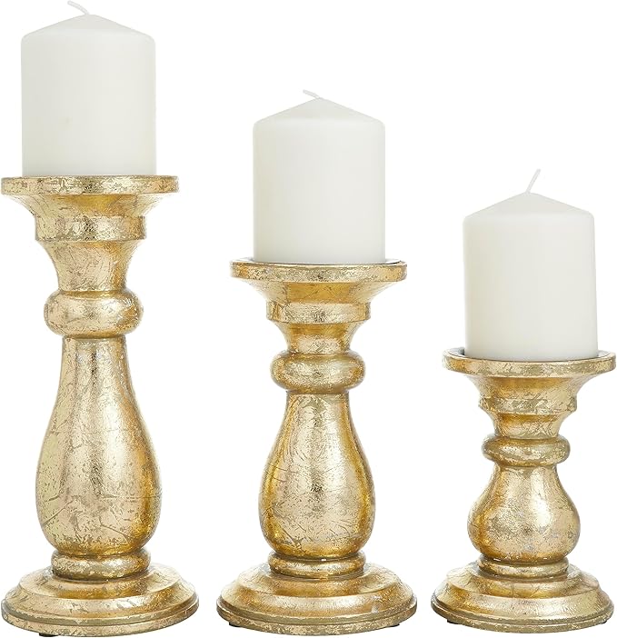 Deco 79 Mango Wood Decorative Candle Holder Turned Style Pillar Candle Stand, Set of 3 Candlestick Holder 10", 8", 6"H, Gold
