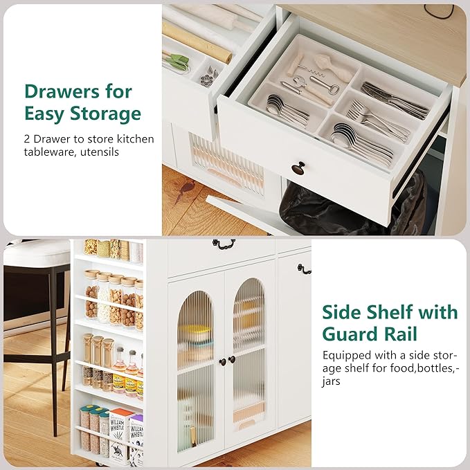 Kitchen Island with Drop Leaf & Power Outlet, Rolling Kitchen Island on Wheels with Trash Can Storage, Island Table Bar Cart with Spice Rack, Towel Rack, Drawers, Mobile Kitchen Carts on Wheels