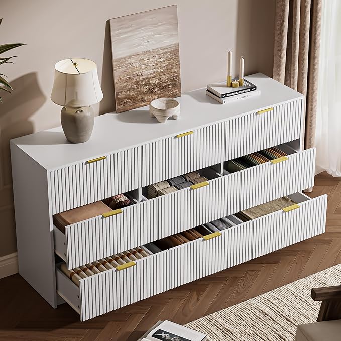 White Dresser for Bedroom, 9 Drawer Double Dresser, Modern Chest of Drawers for Bedroom, Living Room, Entryway and Closet, 63" L x 15.7" D x 31.5" H