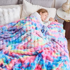 NEWCOSPLAY Faux Fur Twin Blanket Dark Rainbow Luxury Fluffy Thick Warm Bubble Blanket for Couch Sofa Bed 700GSM (Dark Rainbow, Twin(60"x80"))