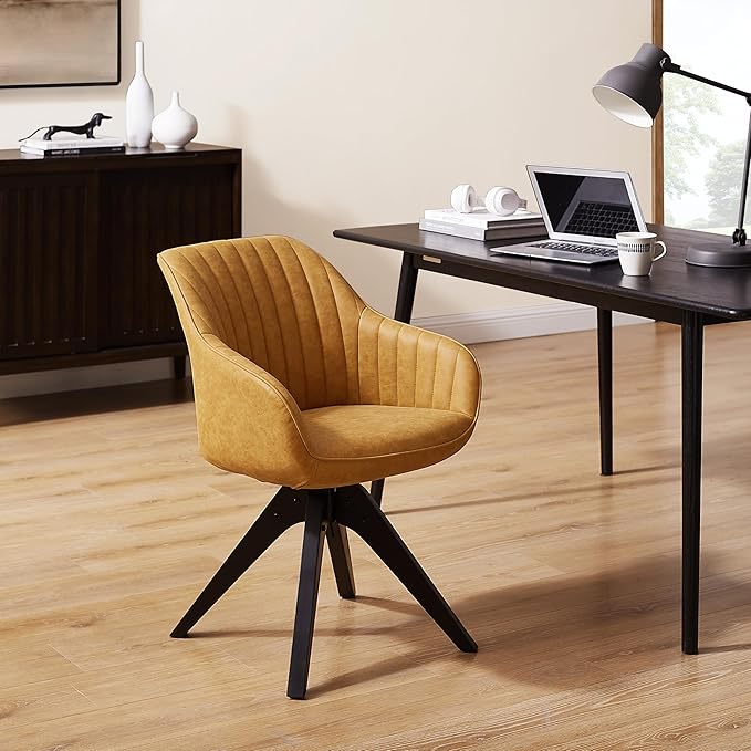 Art Leon Office Chair No Wheels, Mid Century Modern Desk Chair, Swivel Accent Chair with Oak Wood Legs, Faux Leather Upholstered Armchair for Desk, Yellow Brown