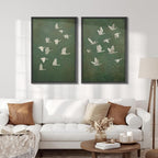 SIGNFORD Framed Canvas Print Wall Art Set Flight of Cranes Elegant Birds in Soft Green Hues Illustration Modern Art Decorative Nordic Nature for Living Room, Bedroom, Office - 24"x36"x2 Black