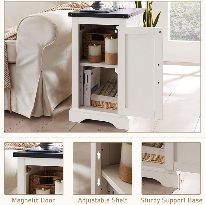 JXQTLINGMU Nightstand with Charging Station, Rectangular Farmhouse End Table with Barn Door and Adjustable Storage Shelf, 17" Deep Wood Rustic Sofa Side Table for Living Room, Bedroom, White