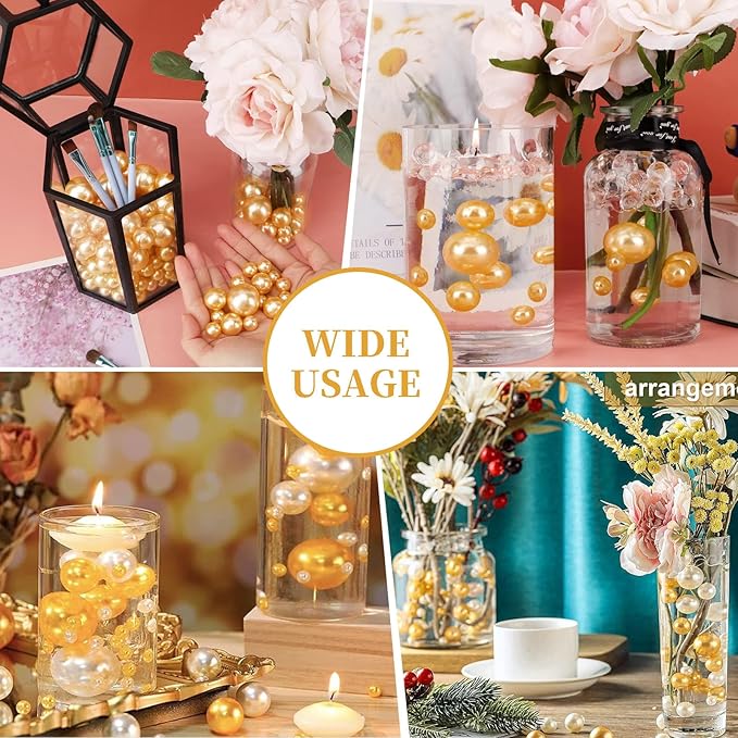 200PCS Golden Yellow Faux Pearls Beads for Centerpiece Vases, Vase Filler Faux Pearls, No Holes Filler Beads for Party Anniversary Birthday Wedding Table Decor, 10/14/20/30mm