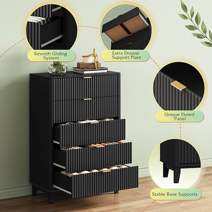WLIVE Fluted Dresser for Bedroom with 5 Drawers, 46.26" Tall Wood Dresser with Golden Metal Handles, Mid Century Modern Chest of Drawers for Living Room, Hallway, Closet, Solid Black