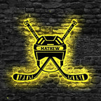 Custom Hockey LED Sign - Goalie Helmet Personalized Name Sign with Crossed Sticks, Light Up Goalie Mask Hockey Room Decor for Boys, Players, Fans