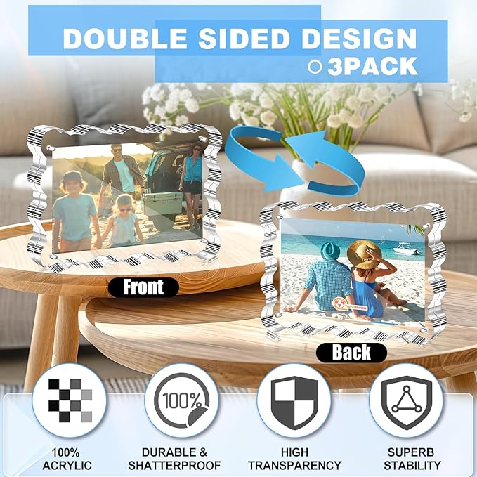 Aheroi 5x7 Acrylic Photo Frames, 3 Pack Clear Acrylic Picture Frame Freestanding Magnetic Scalloped Picture Frames for Desktop Display, Thickened Frameless Double Sided Picture Frame, No Instal