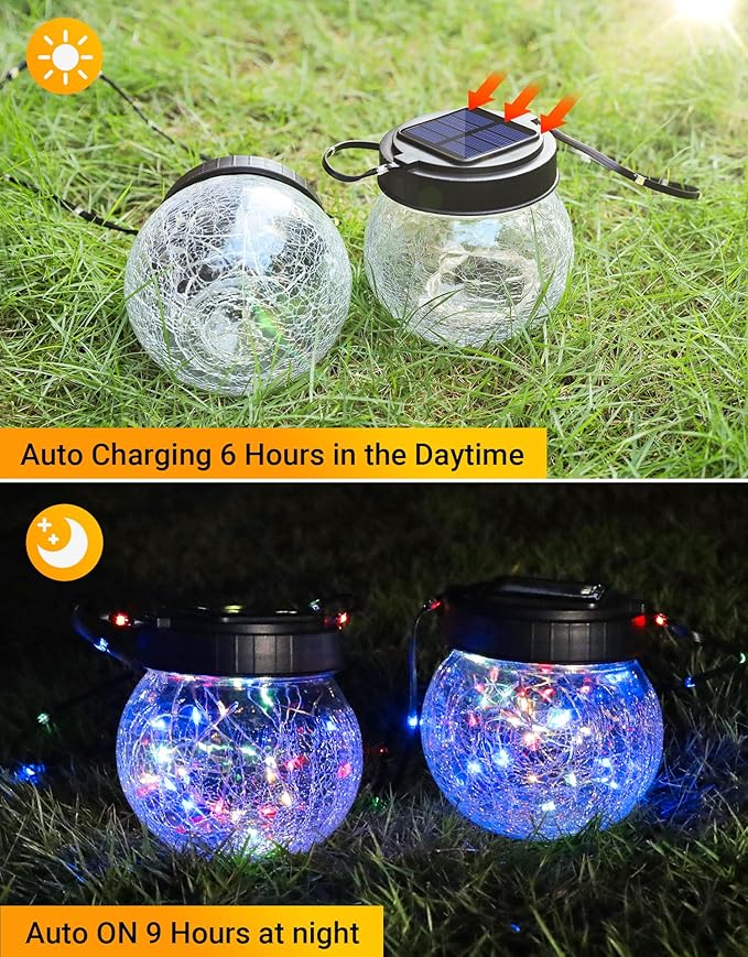 PARTPHONER Solar Lantern Solar Lights Outdoor Waterproof 2-Pack, Solar Powered Hanging Lights Cracked Glass Hanging Globes for Christmas Decoration, Shepherd Hook, Garden Tree Ornaments,Muiti-Color