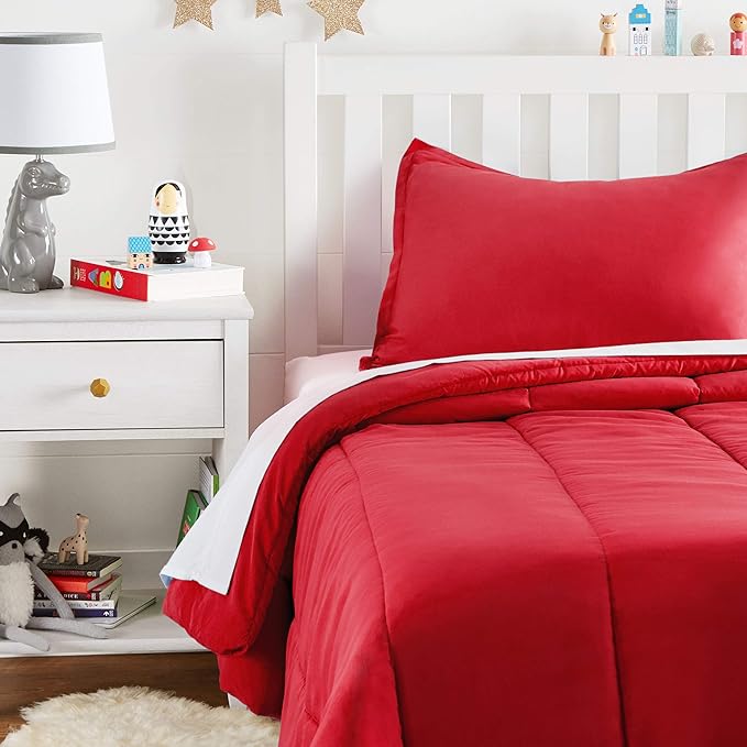 Amazon Basics 2 Piece Easy Wash Microfiber Kid's Comforter and Pillow Sham Set, Twin, Red, Solid
