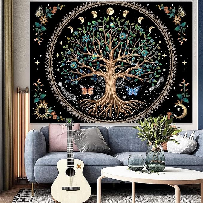 Lunerfex Tree of Life Tapastry Sun and Moon Tapastry Flower Boho Tree Mandala Wall Hanging for Bedroom and Living Room Decor Green Tree 36×48 Inches