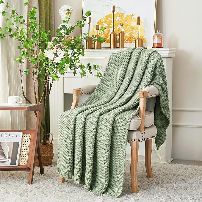 Chunky Cable Knit Throw Blanket Lightweight Light Green 100% Organic Cotton Blanket for Sofa Couch Bed Baby Nursery, Rustic Shabby Chic Modern Farmhouse, 51” x 63” Bonus Laundering Bag