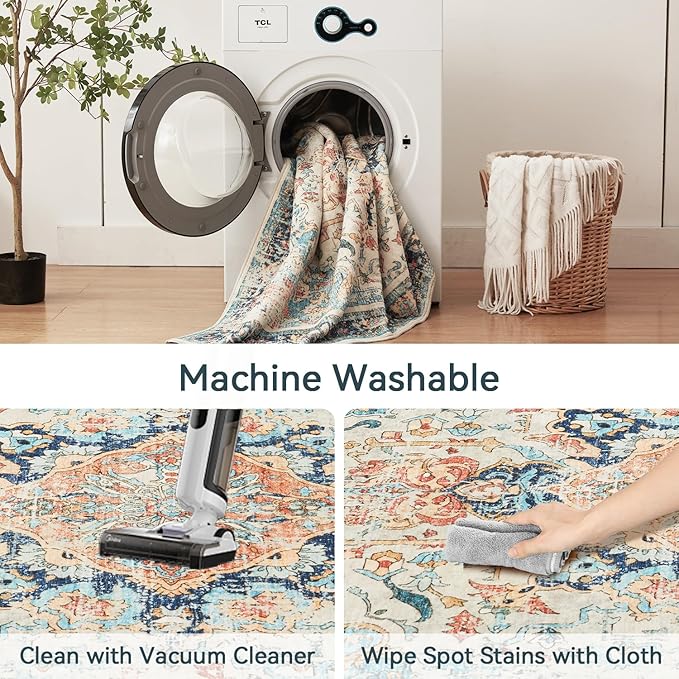 Topllen Washable Area Rug - Area Rug 6'x9' Boho Soft Living Room Rug, Non-Slip Large Area Rugs Indoor for Dining Room Livingroom Bedroom, Vintage Rug (Multi, 6x9ft)