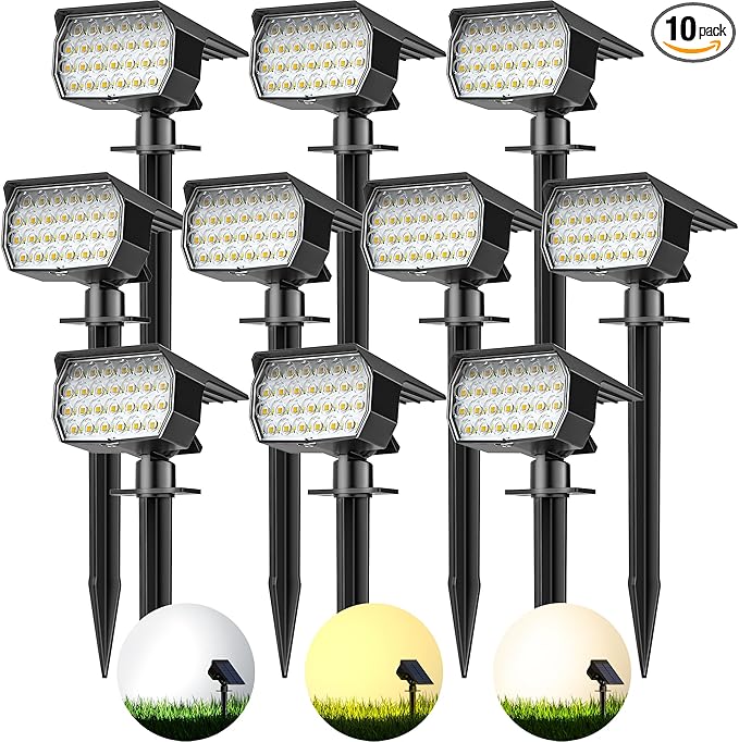 3 Colors Solar Lights Outdoor Waterproof IP65 Outdoor Spot Lights for Yard 52 LEDs 600LM Solar Powered Landscape Spotlights Solar Security Wall Lights for Garden Pathway Outside- 10 Pack