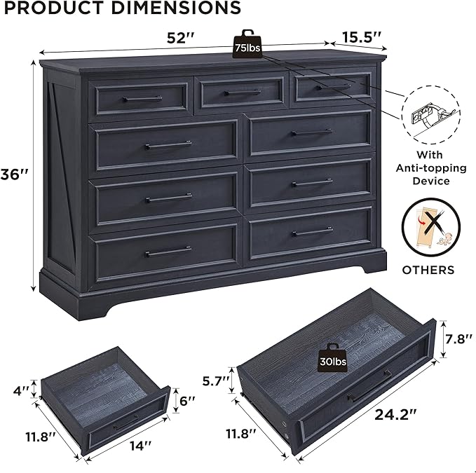 ACCOHOHO Farmhouse 9 Drawer Dresser for Bedroom, 36 Inch Tall Modern Dresser TV Stand with Large Drawers & Bar Handles, Rustic Wood Chest of Drawers for Bedroom, Living Room, Hallway, Black