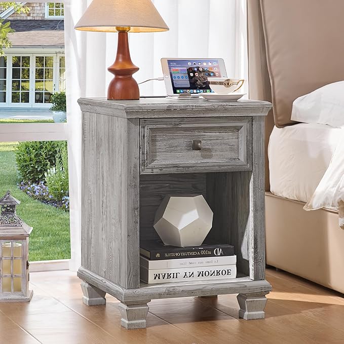 Farmhouse Side Table with Charging Station, Rustic Wood End Table with Drawer, Small Nightstand with Open Shelf for Bedroom, End Tables for Living Room, Grey