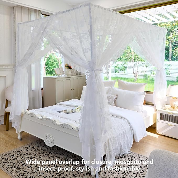 AIKASY Elegant Lace Princess 4-Poster Bed Canopy Mosquito Net - Romantic Wedding Bridal Bedroom Decor, Kids Room Bed Curtain for Women Adults - (White-4,Queen)