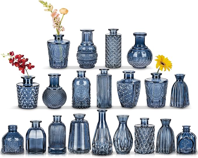 Glass Bud Vases Set of 20, Small Flower Vase in Bulk for Centerpieces, Mini Vintage Blue Vases for Rustic Wedding Vintage Home Table Decor