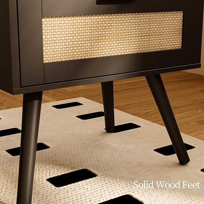 Rattan Nightstand with Charging Station,Farmhouse Bedside Table with 2 Storage Drawer and Open Wood Shelf, for Bedroom and Small Spaces,Night Stand with Solid Wood Legs (Black-Outlet)