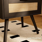 Rattan Nightstand with Charging Station,Farmhouse Bedside Table with 2 Storage Drawer and Open Wood Shelf, for Bedroom and Small Spaces,Night Stand with Solid Wood Legs (Black-Outlet)