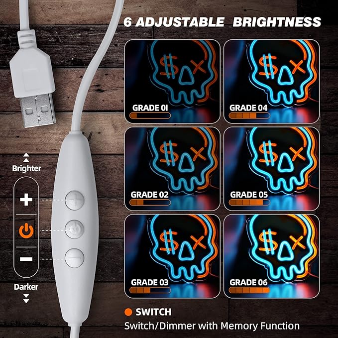 Eufrozy Halloween Neon Sign for Boys Room, Cool Skull Led Signs Kids Bedroom Decor, 6 Dimmable USB Powered Led Lights for Teenage Gamer Wall Decor Man Cave Gifts Blue Skeleton Decorations