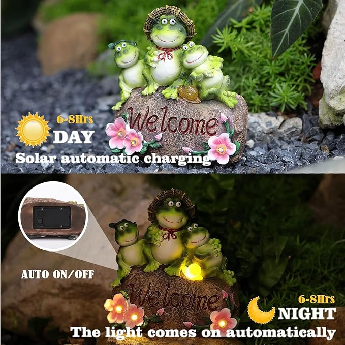 Funny Frog Statues For Garden - 7'' Mothe & Sons Solar Frog Garden Decor Frog Garden Statue For Yard Patio porch Lawn Birthday Christmas Thanksgiving Housewarming Frog Gifts For Women Mother.