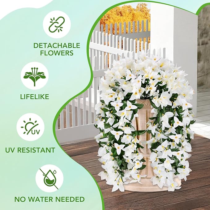 Artificial Bougainvillea Flowers for Outdoor Plant,4 pcs Faux Hanging Flowers Bougainvillea for Outside Decoration,Fake Silk UV Resistant Vines for Front Door Porch(White)