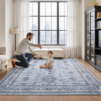 AMOAMI-Vintage Area Rug 8X10 Blue Rugs for Living Room-Soft Living Room Rug Non Slip Rugs for Bedroom Carpet Machine Washable Rug for Dining Room Bedside Office Room Decor