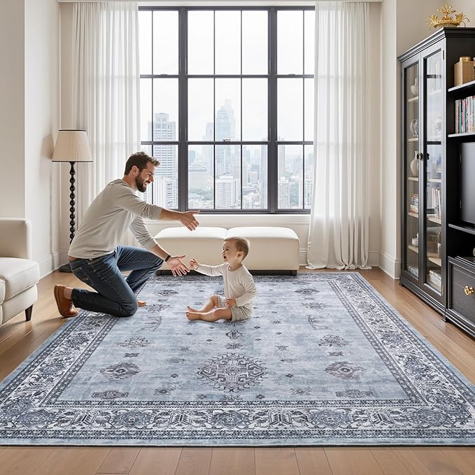 AMOAMI-Vintage Area Rug 5X7 Blue Rugs for Living Room-Soft Living Room Rug Non Slip Rugs for Bedroom Carpet Machine Washable Rug for Dining Room Bedside Office Room Decor